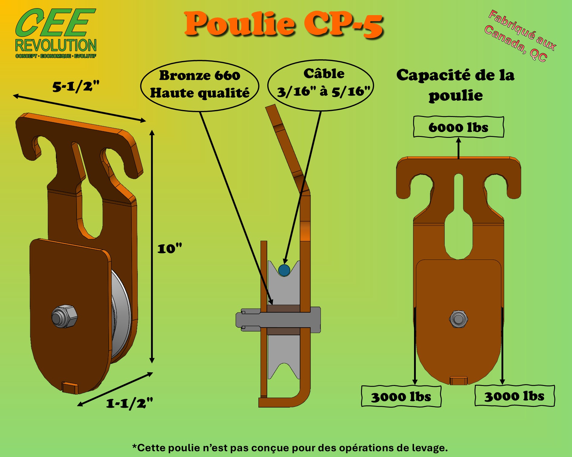 Poulie 6000 lb pour câble forestier avec crochet